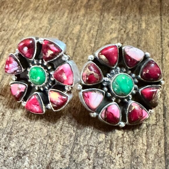 Handmade Sterling Silver Red Rose Dahlia With Emerald Valley, Post Earrings, Si - Picture 1 of 10